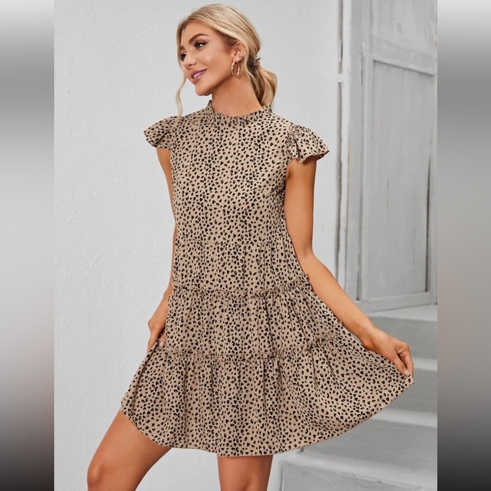 SHEIN Brown and Tan Midi Sundress with Flutter Sleeves -size XL